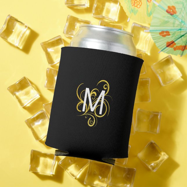 Minimalistic Gold Black and White Monogram Can Cooler (In Situ Summer)