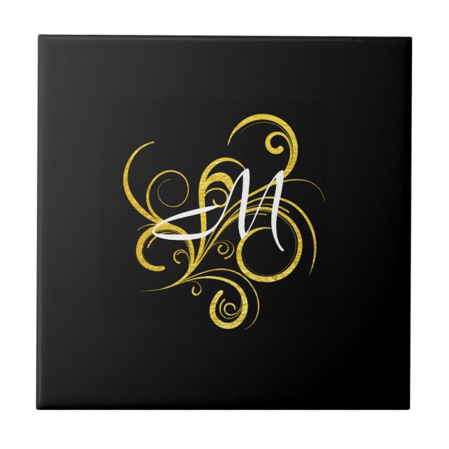 Minimalistic Gold Black Monogram Ceramic Tile (Front)