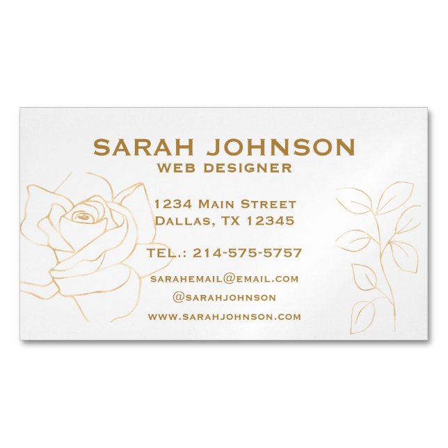 Minimalistic Golden Rose and Leave  Magnetic Business Card (Front)