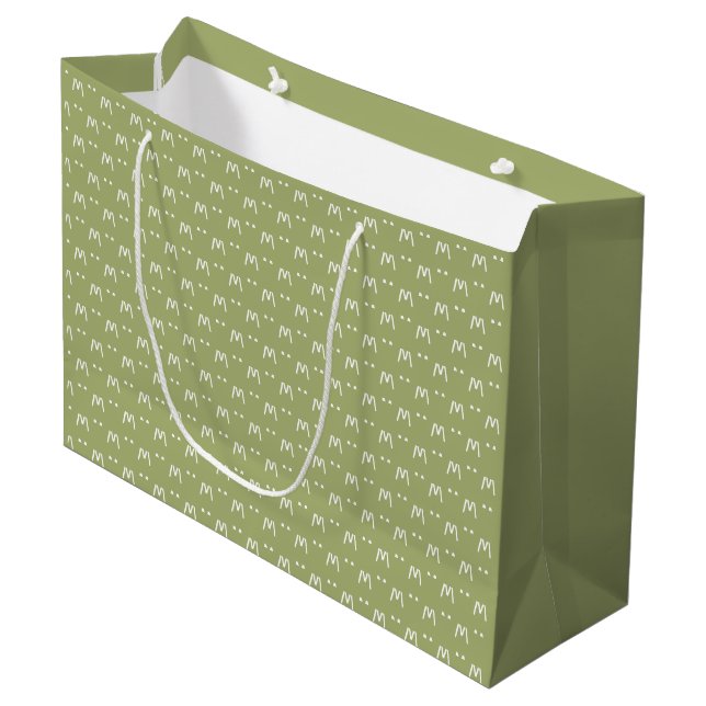 Minimalistic Green and White Monogram Large Gift Bag (Front Angled)