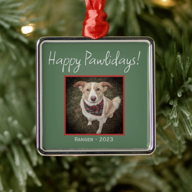 Minimalistic Green Happy Pawlidays Pet Holiday Metal Ornament (Tree)