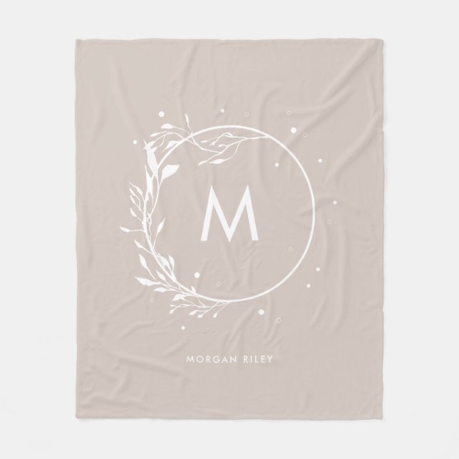 Minimalistic Grey Floral Wreath Monogram Fleece Blanket (Front)