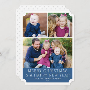 Minimalistic Grid 3 Photo Blue Holiday Card