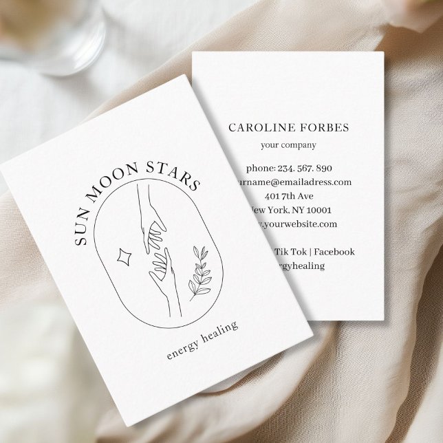 Minimalistic Hands, Star, Leafy Line Art Business Card (Minimalistic, Hands, Star, Leafy Line Art, White Business Card.)