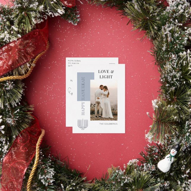 Minimalistic Happy Hanukkah Love Light Photo Foil Holiday Postcard (Insitu)