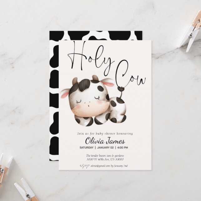 Minimalistic holy cow gender neutral baby shower invitation (Front/Back In Situ)