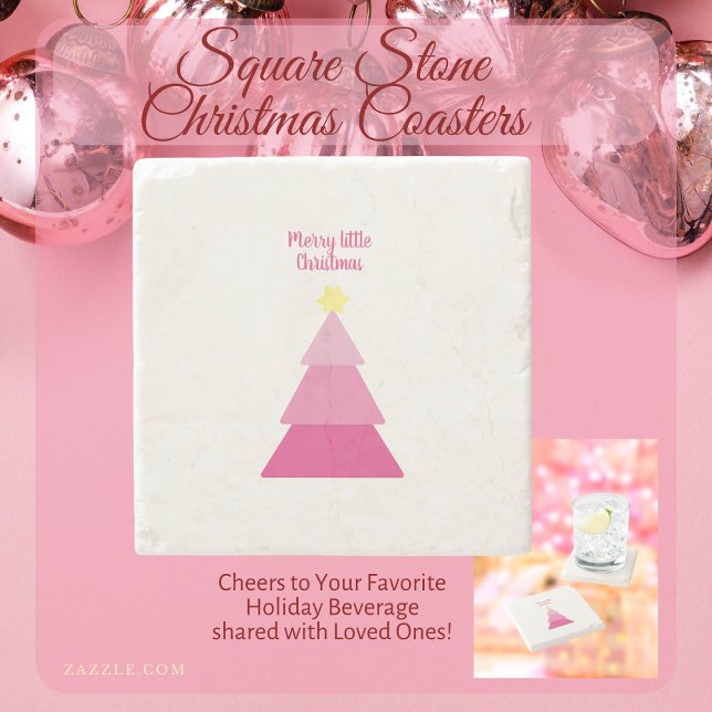 Minimalistic Hot Pink Merry Little Christmas Tree Stone Coaster (Pink square stone Christmas coasters. Perfect complement to your favorite holiday bevs and friends.)
