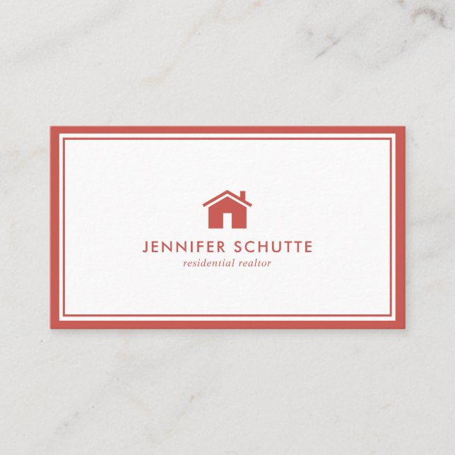 Minimalistic House Logo Red & White Plaid Realtor Business Card (Front)