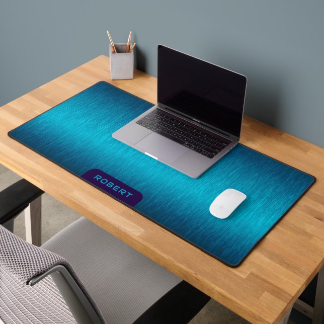 Minimalistic metallic turquoise brushed aluminium desk mat (Office 2)