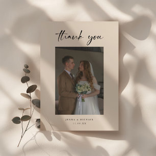 Minimalistic Modern Beige Script Wedding Photo Thank You Card