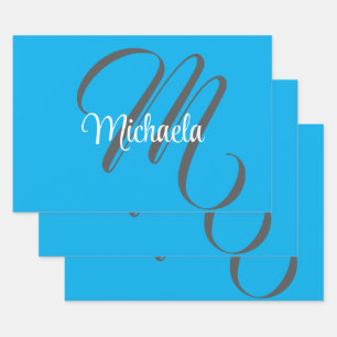 Minimalistic modern monogram initial name blue wrapping paper sheet
