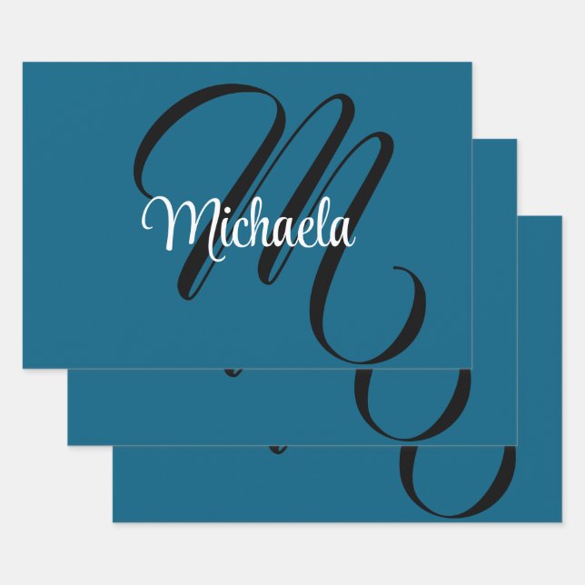 Minimalistic modern monogram initial name blue wrapping paper sheet (Set)