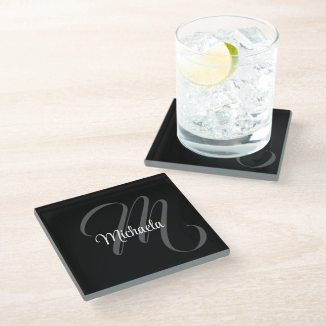 Minimalistic modern monogram initial name glass coaster (Angled)