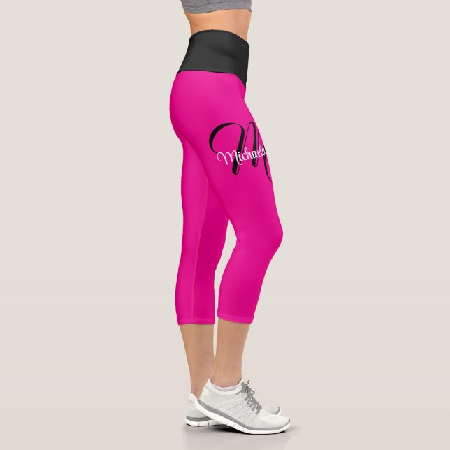 Minimalistic modern monogram initial name hot pink capri leggings (Right)