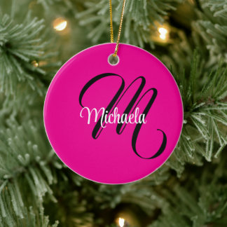 Minimalistic modern monogram initial name hot pink ceramic ornament