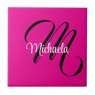 Minimalistic modern monogram initial name hot pink ceramic tile