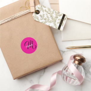 Minimalistic modern monogram initial name hot pink classic round sticker