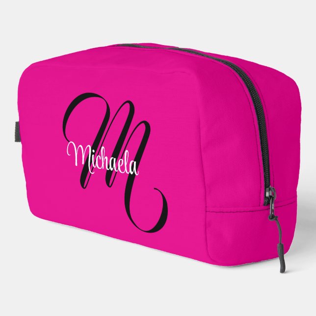 Minimalistic modern monogram initial name hot pink dopp kit (Right Corner)