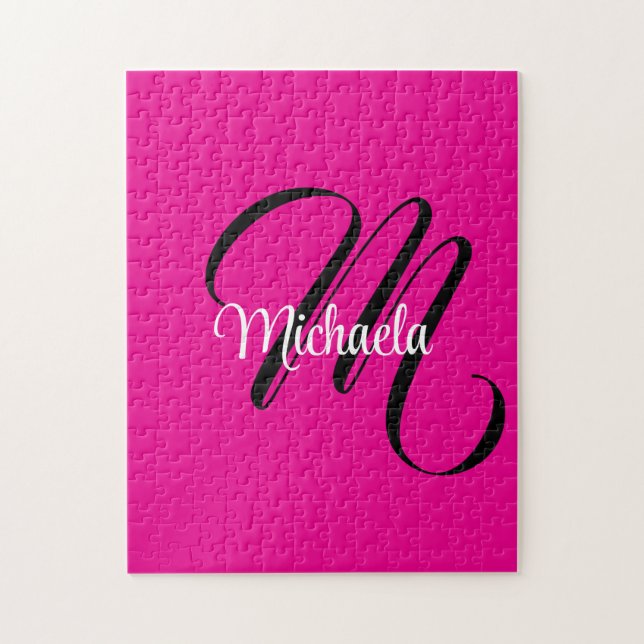 Minimalistic modern monogram initial name hot pink jigsaw puzzle (Vertical)
