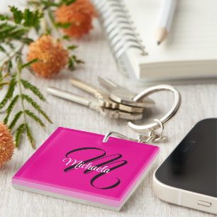 Minimalistic modern monogram initial name hot pink key ring