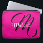 Minimalistic modern monogram initial name hot pink laptop sleeve<br><div class="desc">Minimalistic modern monogram initial name black white. Personalizable custom name with a cursive initial behind on a hot pink colour.</div>