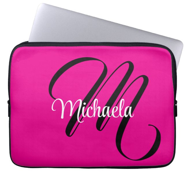Minimalistic modern monogram initial name hot pink laptop sleeve (Front)