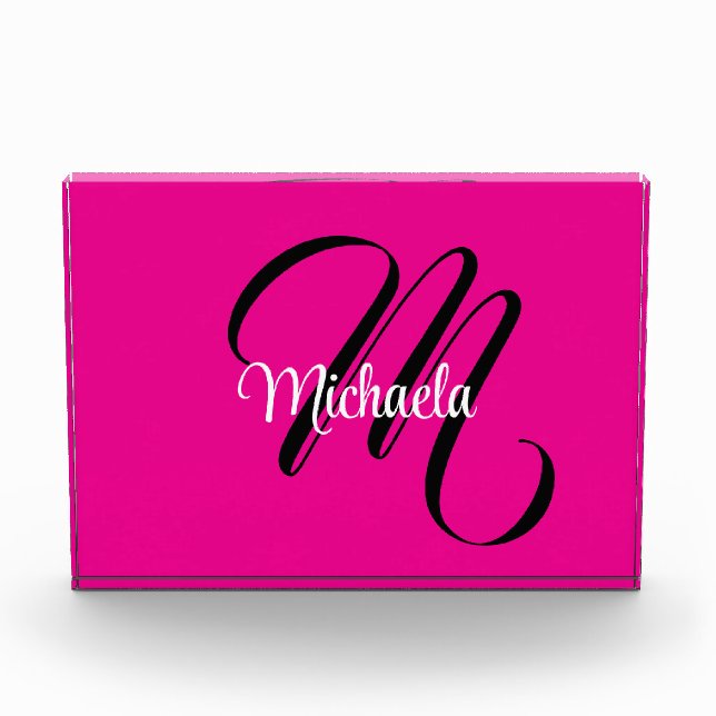 Minimalistic modern monogram initial name hot pink photo block (Front)
