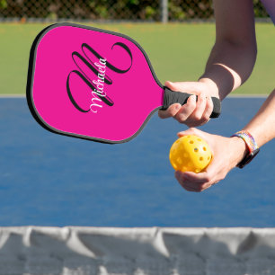 Minimalistic modern monogram initial name hot pink pickleball paddle