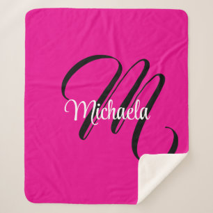 Minimalistic modern monogram initial name hot pink sherpa blanket