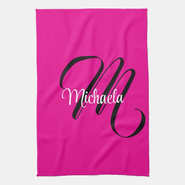 Minimalistic modern monogram initial name hot pink tea towel (Vertical)