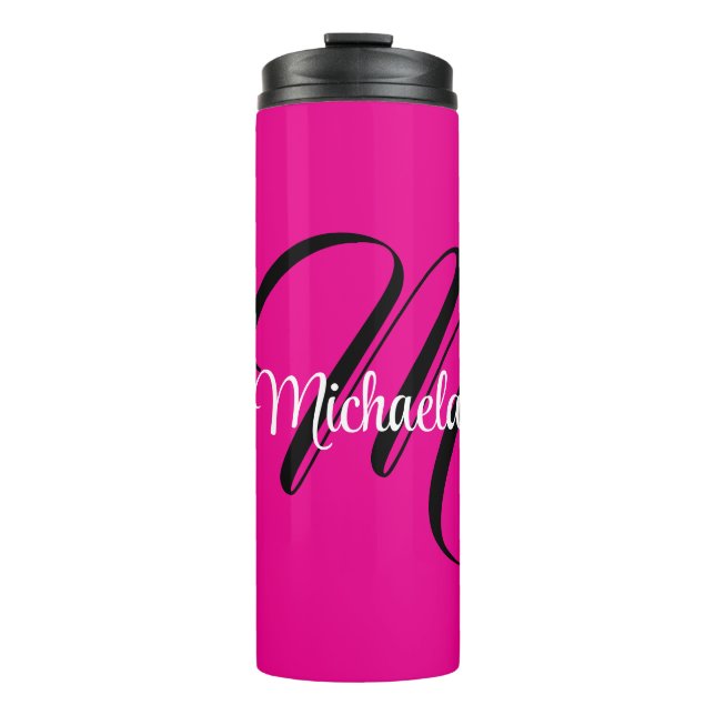 Minimalistic modern monogram initial name hot pink thermal tumbler (Front)