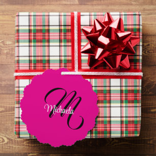Minimalistic modern monogram initial name hot pink tree decoration card
