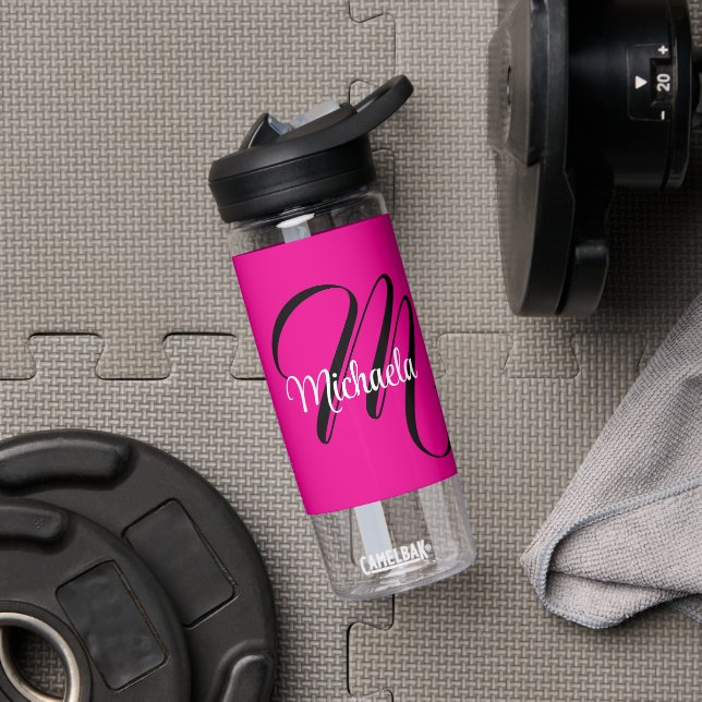 Minimalistic modern monogram initial name hot pink water bottle (Gym)