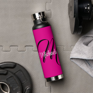 Minimalistic modern monogram initial name hot pink water bottle