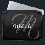 Minimalistic modern monogram initial name laptop sleeve<br><div class="desc">Minimalistic modern monogram initial name black white. Personalizable custom name with a cursive initial behind on a black colour.</div>