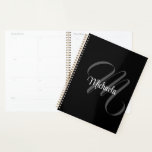 Minimalistic modern monogram initial name planner<br><div class="desc">Minimalistic modern monogram initial name black white. Personalizable custom name with a cursive initial behind on a black colour.</div>