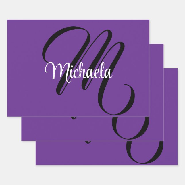 Minimalistic modern monogram initial name purple wrapping paper sheet (Set)