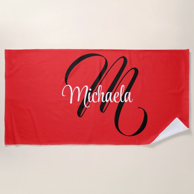 Minimalistic modern monogram initial name red beach towel (Front)