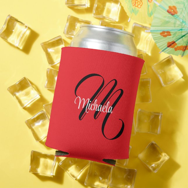 Minimalistic modern monogram initial name red can cooler (In Situ Summer)