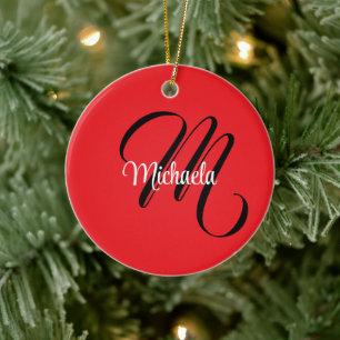 Minimalistic modern monogram initial name red ceramic ornament