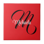 Minimalistic modern monogram initial name red ceramic tile<br><div class="desc">Minimalistic modern monogram initial name black white. Personalizable custom name with a cursive initial behind on a red colour.</div>