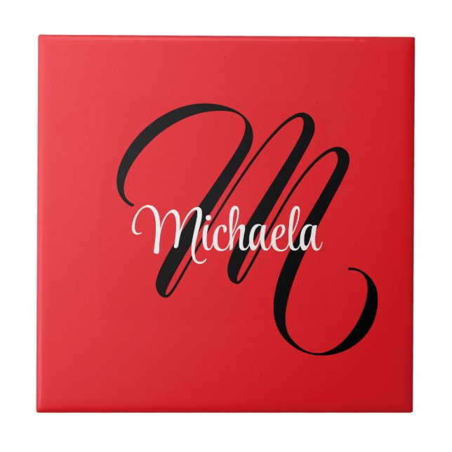 Minimalistic modern monogram initial name red ceramic tile (Front)