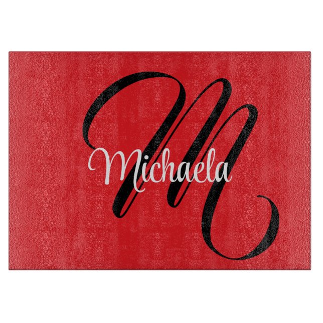 Minimalistic modern monogram initial name red cutting board (Front)