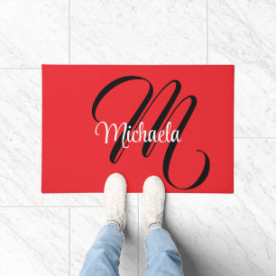 Minimalistic modern monogram initial name red doormat
