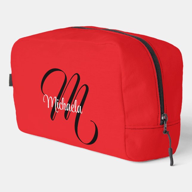 Minimalistic modern monogram initial name red dopp kit (Right Corner)