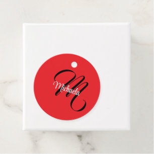 Minimalistic modern monogram initial name red favour tags