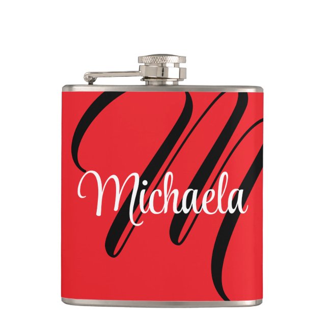 Minimalistic modern monogram initial name red hip flask (Front)