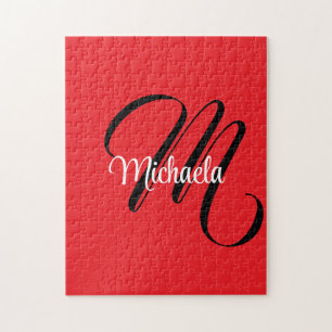 Minimalistic modern monogram initial name red jigsaw puzzle