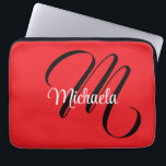 Minimalistic modern monogram initial name red laptop sleeve<br><div class="desc">Minimalistic modern monogram initial name black white. Personalizable custom name with a cursive initial behind on a red colour.</div>