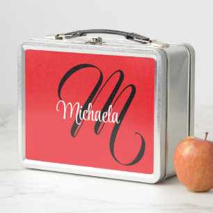 Minimalistic modern monogram initial name red metal lunch box